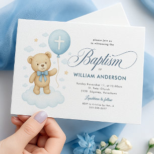 Blauw teddybeer doopuitnodiging voor jongen kruisj kaart