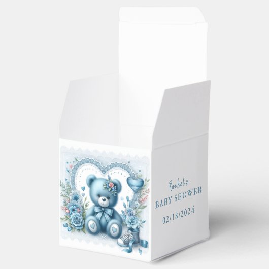 Blauw Teddybeer Kant en Bloemen 1 - Baby shower Bedankdoosjes (Geopend)