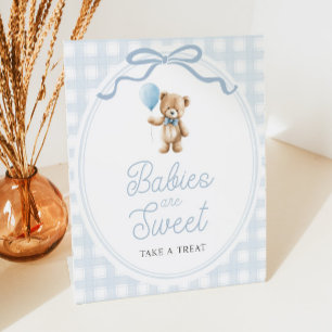 Blauw Tedere Beer Baby Shower Zoetigheden Tafel Reclamebord Met Voetstuk