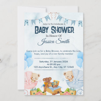Blauw Tedere Beer Babyshower Uitnodiging