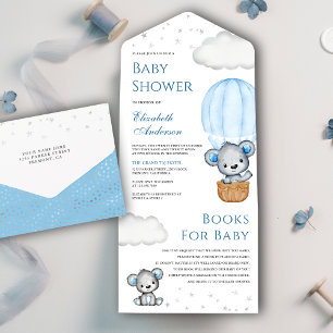 Blauw Tedere Beer Heet Luchtballon Baby Shower All In One Uitnodiging
