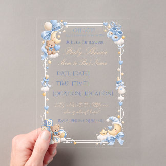 Blauw Tedi Beer Baby Shower Uitnodiging Acryl Uitnodigingen