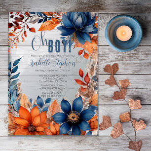 Blauw Terracotta Oh Boy Herfst Bloemen Baby Show Acryl Uitnodigingen