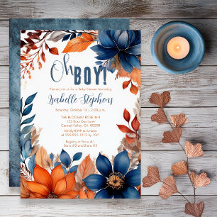 Blauw Terracotta Oh Boy Herfst Floral Baby showe Kaart