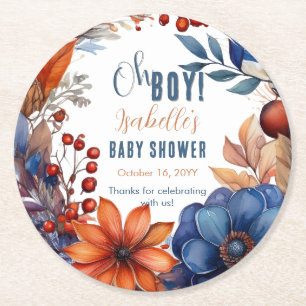 Blauw   Terracotta Oh Boy Herfst Floral Baby showe Ronde Kartonnen Onderzetter