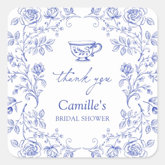 Blauw Thee Feest Bruiloft Dank je Vierkante Sticker (Voorkant)