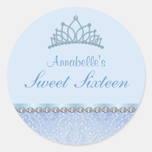 Blauw Tiara & Damask Sweet16 Sticker (Voorkant)
