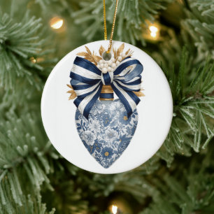 Blauw toile bloemhart marine streep strik keramisch ornament
