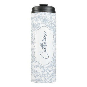Blauw toile bloemmotief met script personalisatie thermosbeker