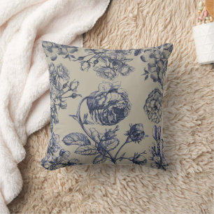 Blauw toile botanisch bloemmotief antiek patroon kussen