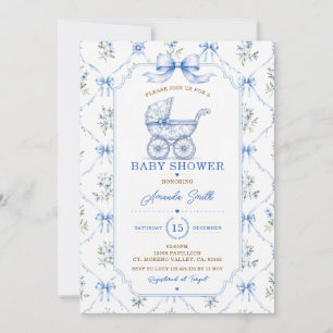 Blauw toile Chinoiserie Baby Shower Carriage Bloem Kaart