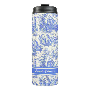 blauw Toile de Jouy bedrukt Thermosbeker