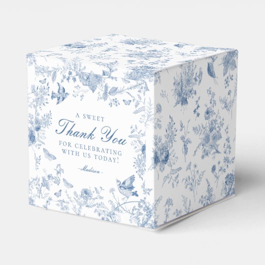 Blauw Toile de Jouy Bloemen Dessert Favoriete Boxe Bedankdoosjes (Achterkant)
