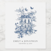 Blauw Toile De Jouy Bloemen Namen Datum Bruiloft Wijn Etiket (Enkel label)
