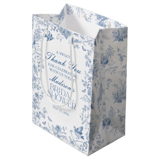 Blauw Toile De Jouy Bruiloft Uitnodigingen Medium Cadeauzakje (Achterkant Gekanteld)