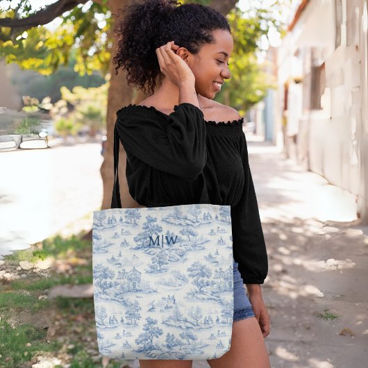 Blauw Toile de Jouy Elegant Frans Stijl Monogram Draagtas