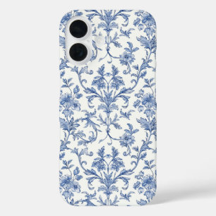 Blauw Toile de Jouy Frans Landelijk Bloemmotief iPhone 16 Hoesje