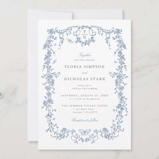 Blauw Toile de Jouy Huwelijksuitnodiging Chinoiser Kaart (Voorkant)