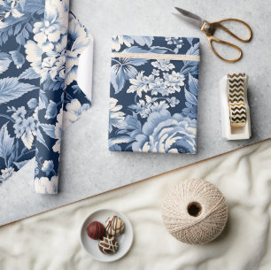Blauw Toile de Jouy Kerstpatroon Cadeaupapier