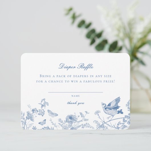 Blauw Toile De Jouy Luier Raffle Uitnodiging Invoe Informatiekaartje (Staand voorkant)