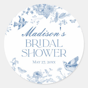 Blauw Toile De Jouy Vintage Bloemachtige Bruidsdou Ronde Sticker