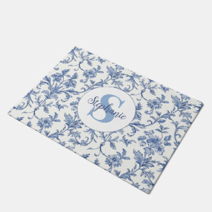 Blauw toile Frans monogram naam bloempatroon Deurmat