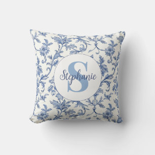 Blauw toile Frans monogram naam bloempatroon Kussen