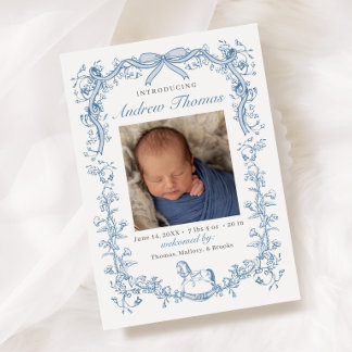 Blauw toile geboorteaankondiging kaart