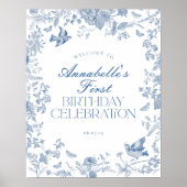 Blauw Toile Jouy Bloemen Verjaardagsfeest Welkomst Poster (Voorkant)