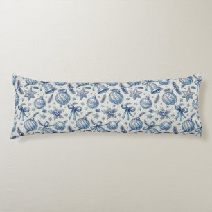Blauw toile kerstornamenten, bellen en lint lichaamskussen