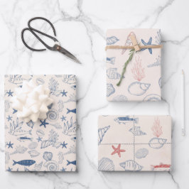 Blauw toile Oceaan Inpakpapier Vel Set van 3