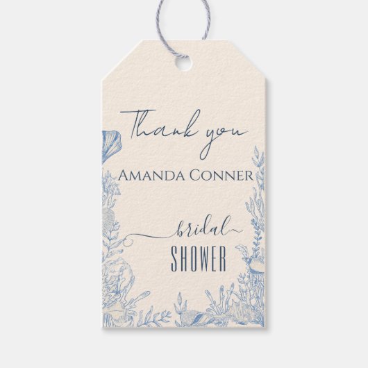 Blauw toile oceaanthema Bruidsdouche Cadeaulabel (Voorkant)