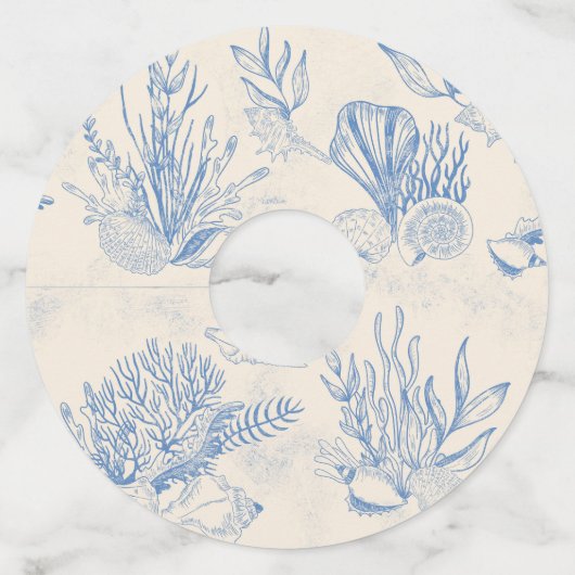 Blauw toile oceaanthema Bruiloft Feest Wijnglaslabel (Voorkant)