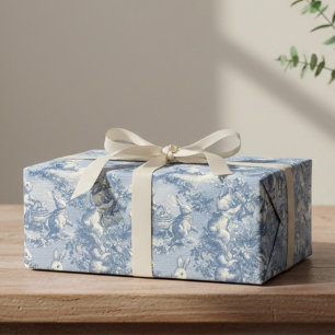 Blauw toile Paashaas Vintage Konijn Cadeaupapier