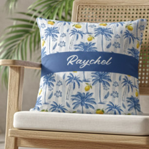 Blauw toile palmbomen citroenen monogram naam kussen