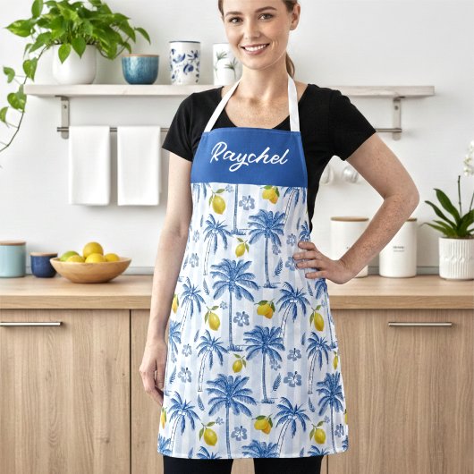 Blauw toile palmbomen citroenen monogram naam schort