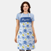 Blauw toile palmbomen citroenen monogram naam schort (Gedragen)