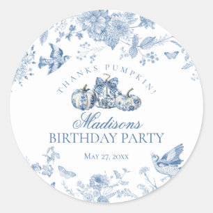 Blauw toile pompoen Frans verjaardagsfeest cadeau Ronde Sticker