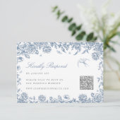 Blauw Toile RSVP kaart met QR code Chinoiserie Bir (Staand voorkant)