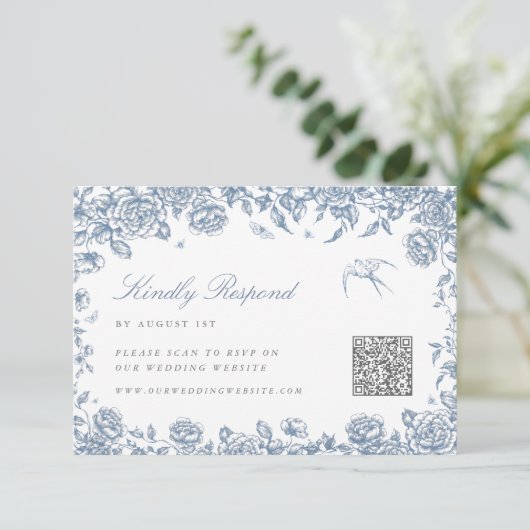 Blauw Toile RSVP kaart met QR code Chinoiserie Bir (Staand voorkant)