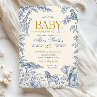 Blauw Toile Safari Baby Shower Uitnodiging