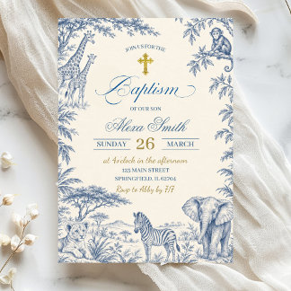 Blauw toile safari doop uitnodiging