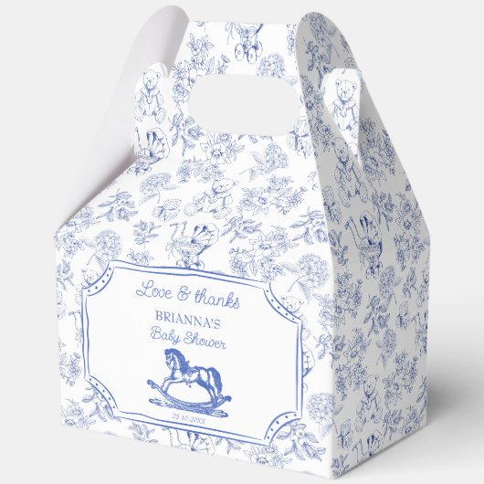 Blauw toile schommelpaard baby shower begunstigt o bedankdoosjes (Voorkant)