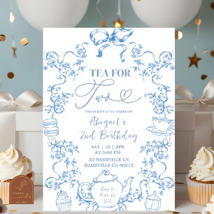 Blauw toile theeset voor twee 2e verjaardagsuitnod kaart