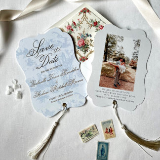 Blauw toile trouwkaart save the date vintage folie uitnodiging