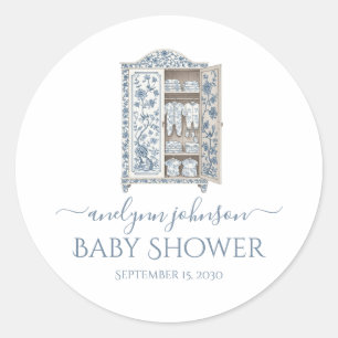 Blauw Toile Victoriaanse Kast Baby Shower Ronde Sticker