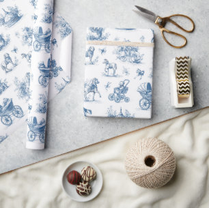 Blauw Toile Vintage Babyfeestje Cadeaupapier
