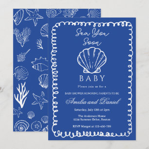 blauw tot ziens handgetekende oceaan schelp baby  kaart