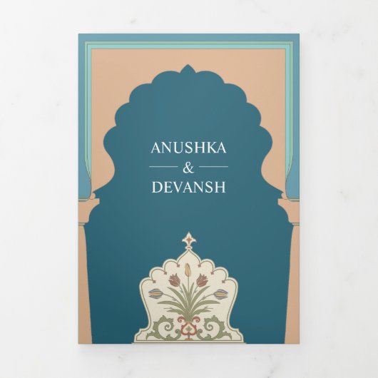  blauw Traditional Indian Arch Bruiloft Drieluik Uitnodiging (Cover)
