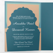  blauw Traditional Indian Arch Bruiloft Drieluik Uitnodiging (Binnenzijde eerst)